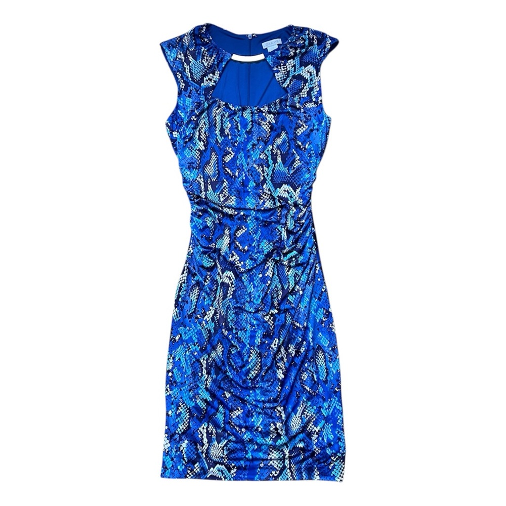 Caché Blue Snakeskin Print Bodycon‎ Cocktail Dress Cutout Ruched Women’s 4 US